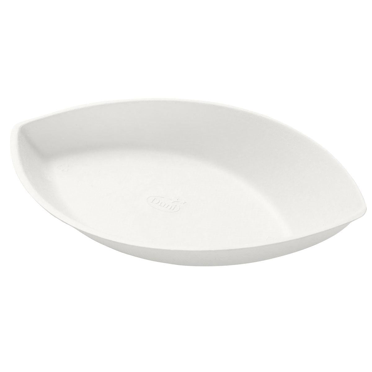 Bolul Demo Piatto 140 ml - neacoperit Alb Bagasse 175x104x35 de la Duni GmbH, un bol oval alb de unică folosință cu margini ridicate și logo discret embosat, este fabricat din bagasă ecologică. Prezentat într-un pachet de 35 de bucăți pe un fundal alb.