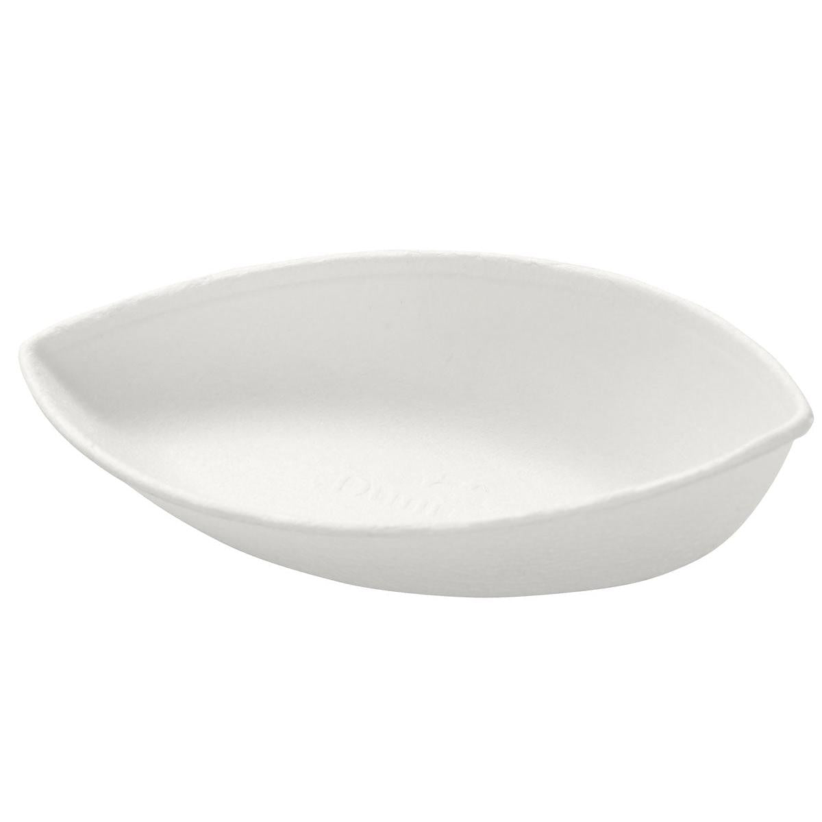 Un bol simplu, alb, oval, Demo Folio 30 ml din bagasa neacoperită (89x51x25 mm) de la Duni GmbH este prezentat ca un ambalaj ecologic. Pachet cu 40 de bucăți.