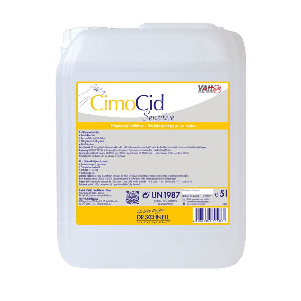 Recipientul din plastic alb de 5L Dr. Schnell CIMOCID SENSITIVE dezinfectant pentru mâini de la DR.SCHNELL GmbH & Co. KGaA cu etichetă galbenă oferă protecție delicată pentru piele și reducerea eficientă a germenilor cu instrucțiuni de utilizare și siguranță în mai multe limbi.