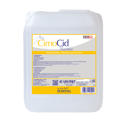 Recipientul din plastic alb de 5L Dr. Schnell CIMOCID SENSITIVE dezinfectant pentru mâini de la DR.SCHNELL GmbH & Co. KGaA cu etichetă galbenă oferă protecție delicată pentru piele și reducerea eficientă a germenilor cu instrucțiuni de utilizare și siguranță în mai multe limbi.