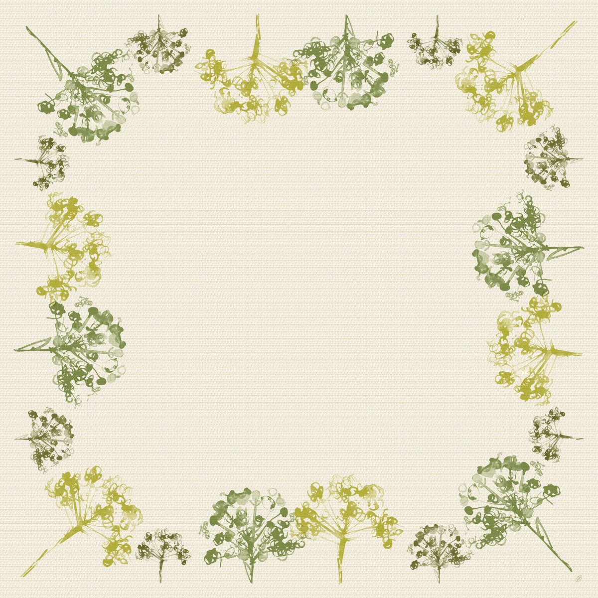 Duni GmbH Dunicel Mitteldecke 84x84 cm, verde (pachet de 20 bucăți) are un fundal bej pătrat cu o margine din modele florale delicate verzi și galbene, inspirate de Green Umbles 60111, care formează un cadru central elegant.