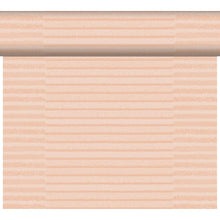 Das DC-Tete a Tete 0,4x24m Tessuto dusty pin der Duni GmbH zeigt einen hellen pfirsichfarbenen Hintergrund mit horizontalen, strukturierten Streifen in verschiedenen Pfirsich- und Beigetönen, inspiriert von hochwertigem Stoff. Die Muster sind gleichmäßig über die elegante Tischdekorrolle verteilt.