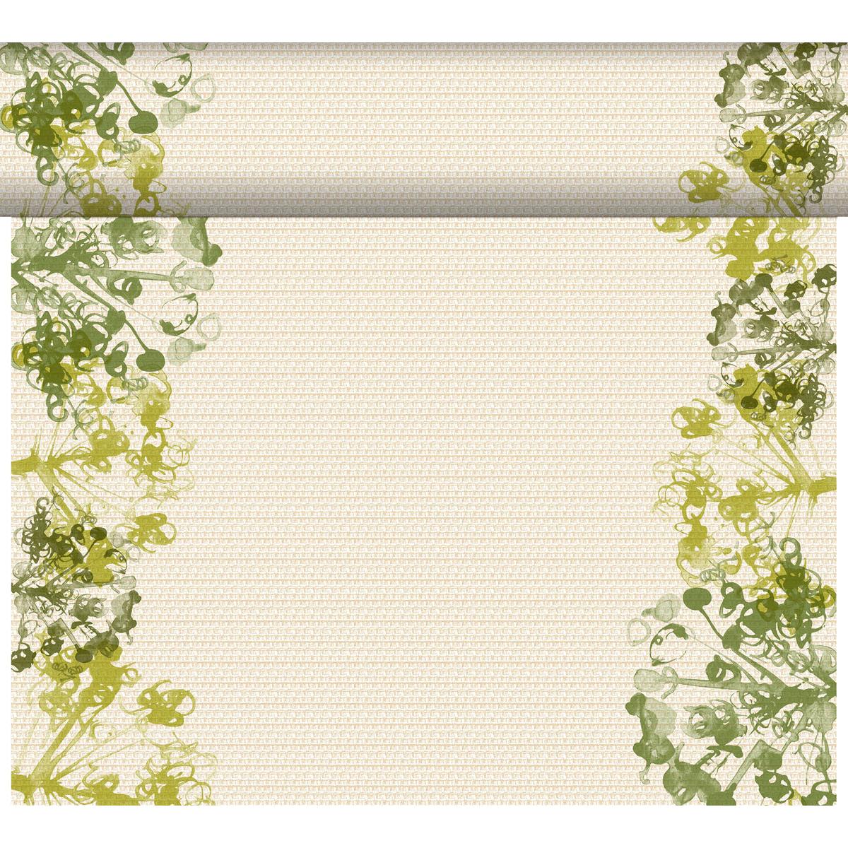 Ein cremefarbenes, rechteckiges Tuch mit einer subtilen Textur und abstrakten grün-gelben Blumenrändern, inspiriert vom umweltfreundlichen Stil des DC-Tete a Tete 0,4x24m, grün-hochwertige Schirme für Events der Duni GmbH. Die obere Kante ist gerollt.