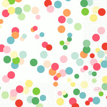 Diese Zellt.-Servietten 33x33 cm, 3-lagig, Happy Bubbles von Duni GmbH zeigen bunte, sich überlagernde grüne, rote, rosa, orange und gelbe Punkte. Auf jeder der 50er-Serviettenpackungen ist in roter Farbe "Duni" aufgedruckt und mit einem schwachen Gitter hinterlegt.