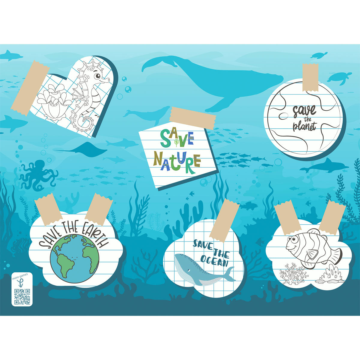 Eine Unterwasserszene mit Walen, Fischen und Algen, dazu Umweltthemen zum Ausmalen. Papier-Tischsets 30x40 cm "Save the Ocean" von Duni GmbH (250er Pack) unterstützen recyceltes Material und umweltfreundliches Einweggeschirr.