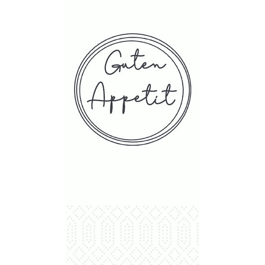 Ein schwarzer kreisförmiger Umriss umrahmt das handgeschriebene "Guten Appetit" auf Weiß, darunter ein dezentes Punktmuster - ideal für hochwertige Zellt.-Servietten 33 cm 2-lagig 1/8-Falz Appetit weiß von Duni GmbH (Packung mit 300 Servietten).