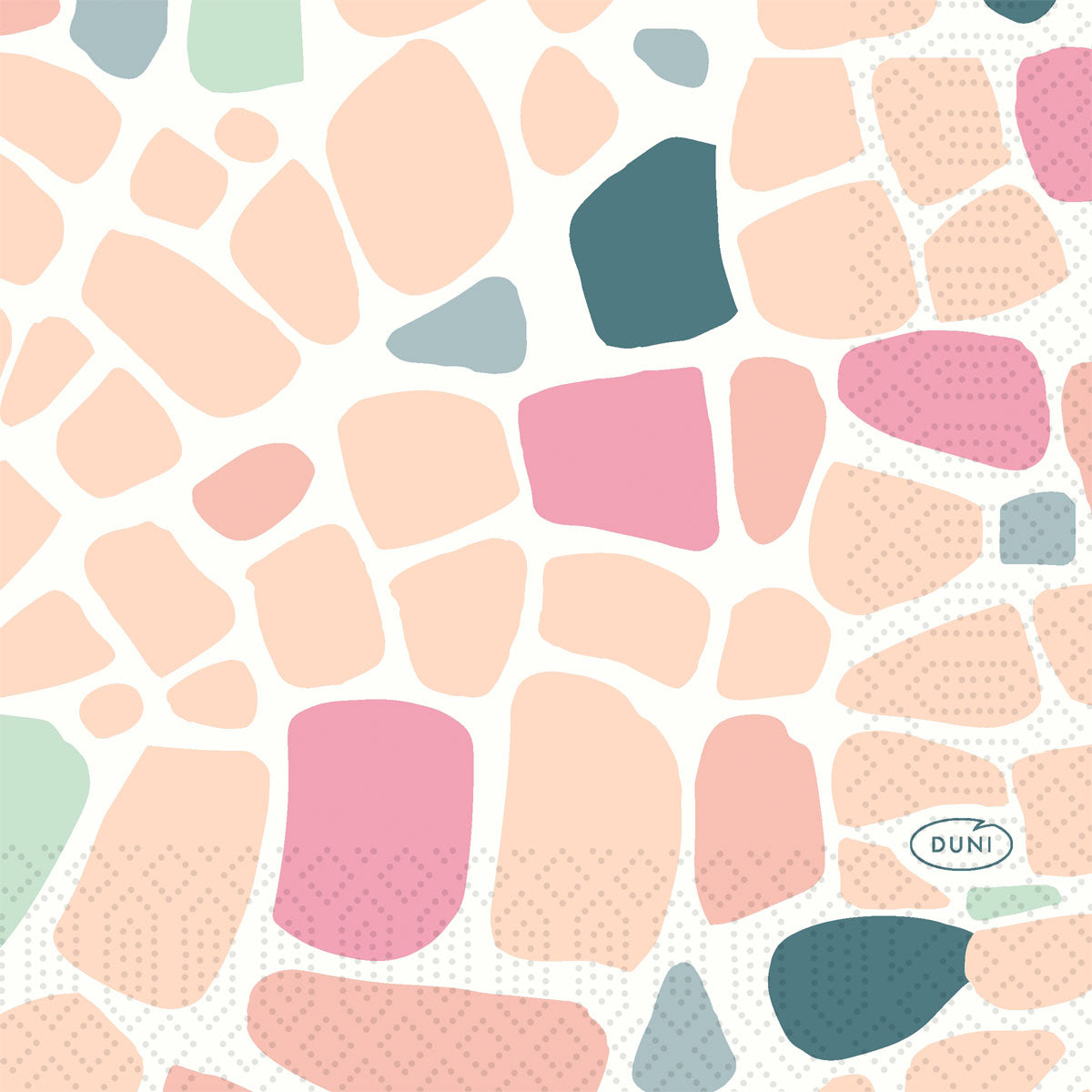 Abstraktes Muster aus unregelmäßigen rosa, pfirsichfarbenen, grünen und grauen Formen auf Weiß; "DUNI" erscheint in einem Oval unten rechts. Ideal als hochwertige Serviette für besondere Anlässe. Produkt: Serviette, 24x24 3lg 1/4 von Duni GmbH.