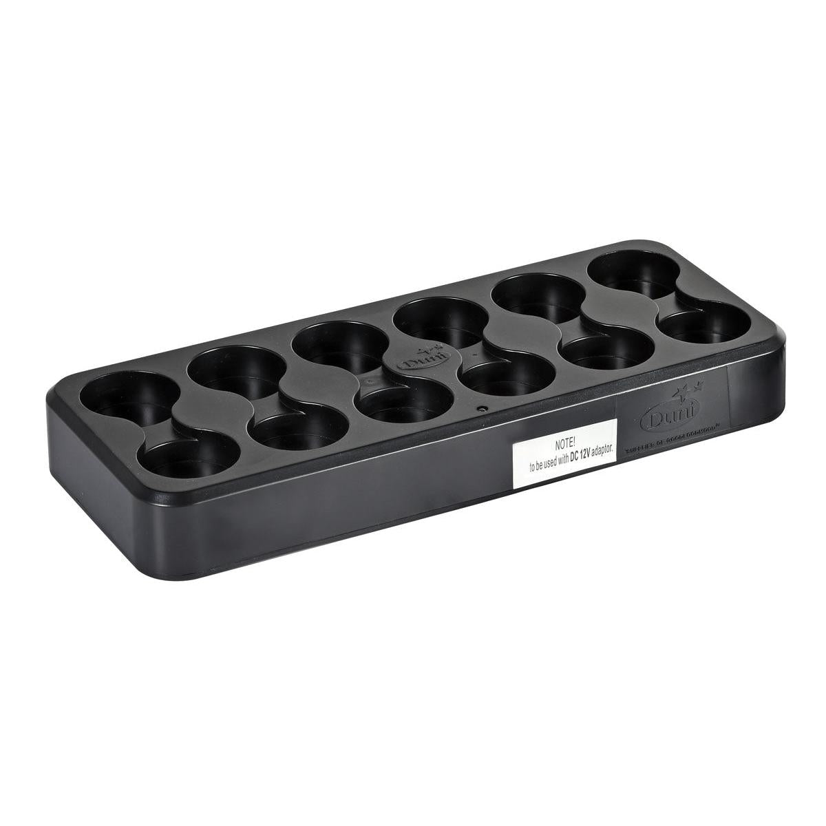 Stația de încărcare LED Duni GmbH, piesă de schimb pentru diferite modele | Cutie (1 bucată), este o stație de încărcare din plastic negru cu zece prize rotunde și o etichetă albă pe partea din față dreaptă, ilustrată pe un fundal simplu alb.