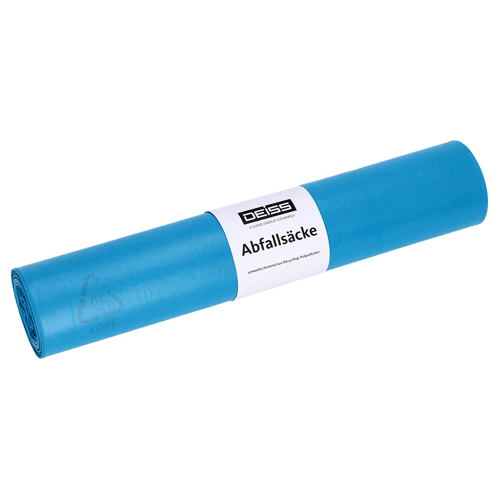 Abgebildet ist eine blaue Rolle DEISS 20740 Müllsäcke (575x1000 mm, 25 Stück) der EMIL DEISS KG (GmbH + Co.) mit weißem Etikett auf einfarbig weißem Hintergrund.
