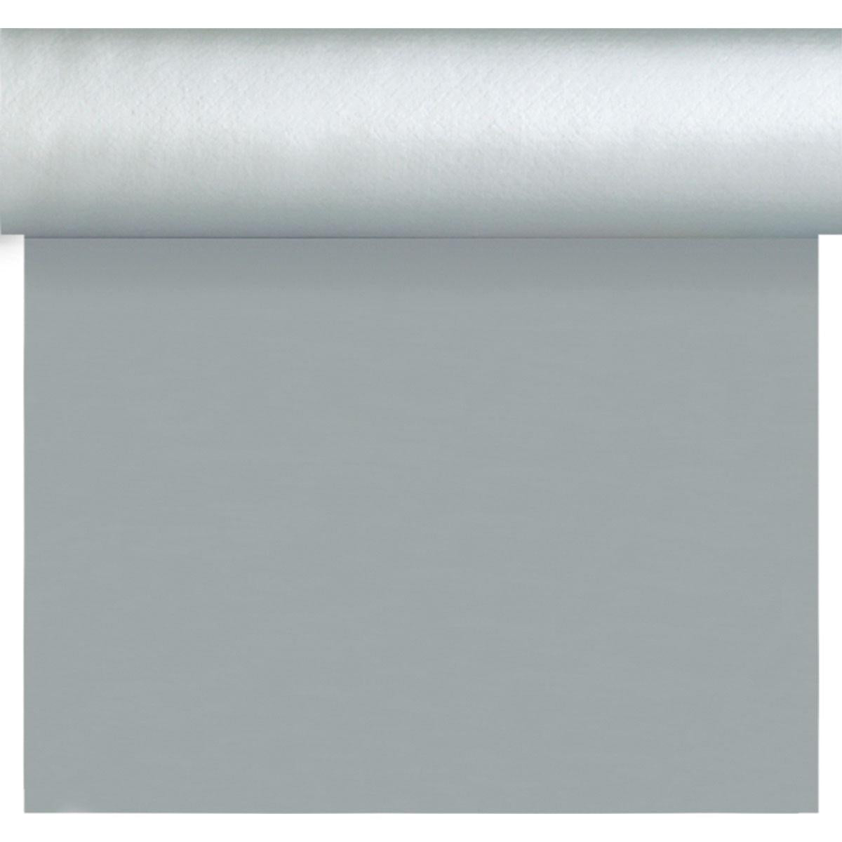 Un rulou Dunisilk Tete a Tete 0,4x24m argintiu de la Duni GmbH este parțial derulat cu o suprafață netedă - ideal pentru decorarea elegantă a mesei. Fața de masă de înaltă calitate (pachet 1 bucată) este prezentată în partea de sus a imaginii.