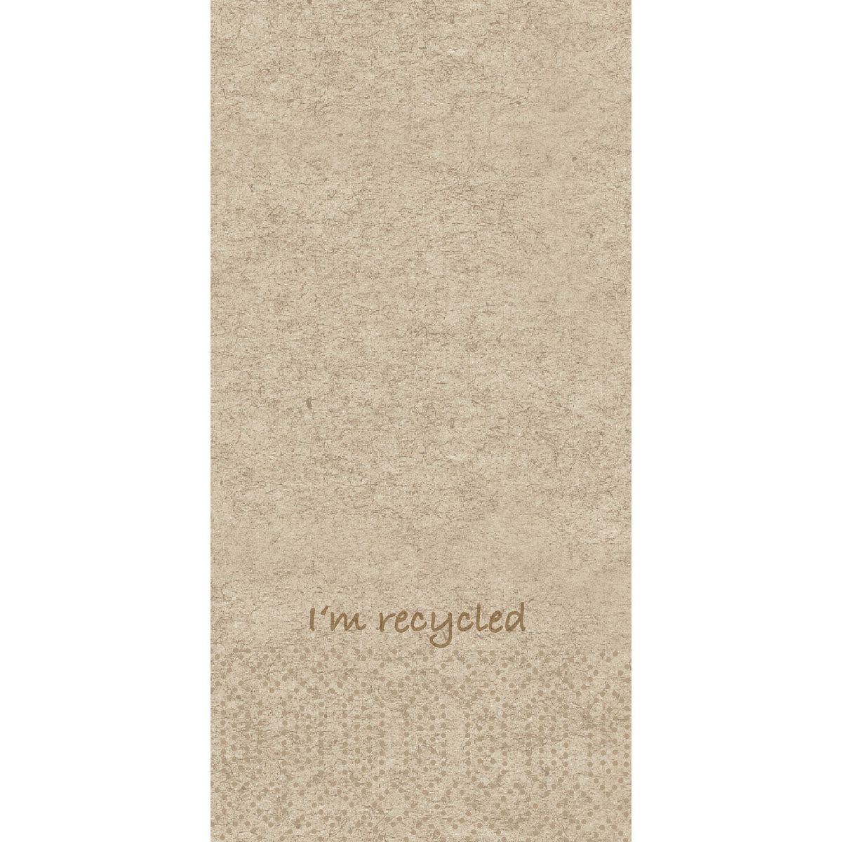 Ein beigefarbener, strukturierter Hintergrund mit dem Schriftzug "I'm recycled" in brauner Schrift nahe der unteren Mitte und einem dezenten Punktmuster darunter, perfekt zur Präsentation von Duni GmbH Zellt.-Serv.33x33 2lg 1/8KF - Recycelte Papierservietten | Packung (300 Stück).