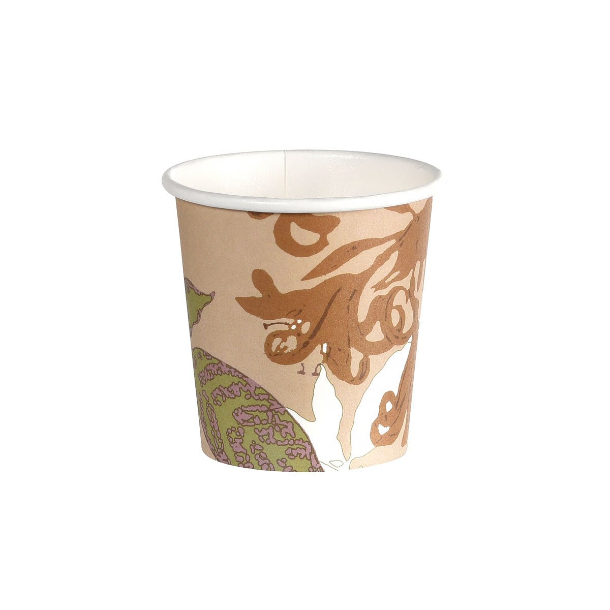 Paharul de hârtie WBC Garden, 120ml de la Duni GmbH (pachet de 50 bucăți), din hârtie reciclabilă, prezintă un model abstract maro-verde pe alb - ideal pentru evenimentele ecologice.