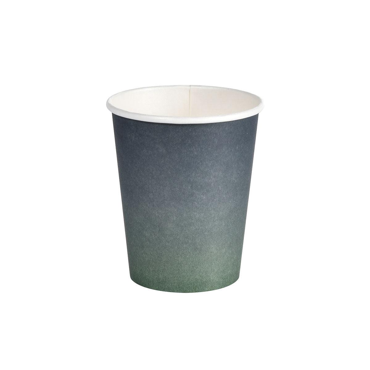Un singur pahar de hârtie Duni GmbH WBC Urban, 240ml, pentru băuturi calde, cu un design ecologic - cu un gradient de culoare de la gri închis la verde - se află pe un fundal alb. Unitate de ambalare: 40 de bucăți.