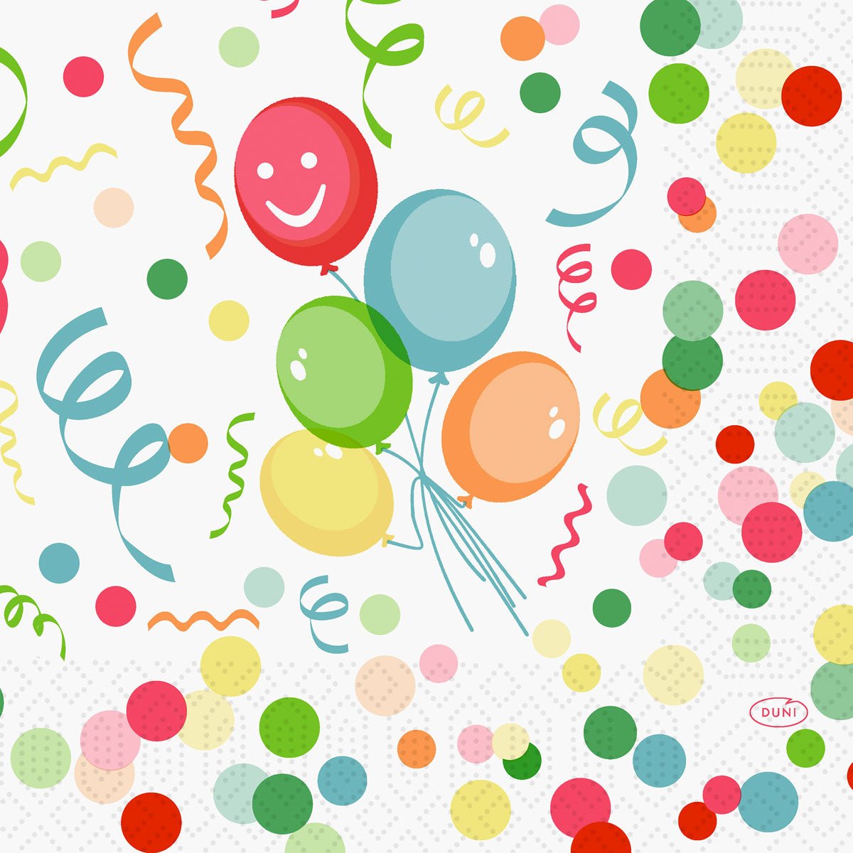 Un pachet cu 250 de șervețele Duni GmbH Zellt.-Serv.33 3lg 1/4 Happy Bubbles Ballon-Servietten arată cinci baloane colorate, unul cu o față zâmbitoare, înconjurat de confetti festiv și panglici pe un fundal alb - ideal pentru petreceri.