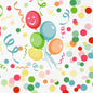 Un pachet cu 250 de șervețele Duni GmbH Zellt.-Serv.33 3lg 1/4 Happy Bubbles Ballon-Servietten arată cinci baloane colorate, unul cu o față zâmbitoare, înconjurat de confetti festiv și panglici pe un fundal alb - ideal pentru petreceri.