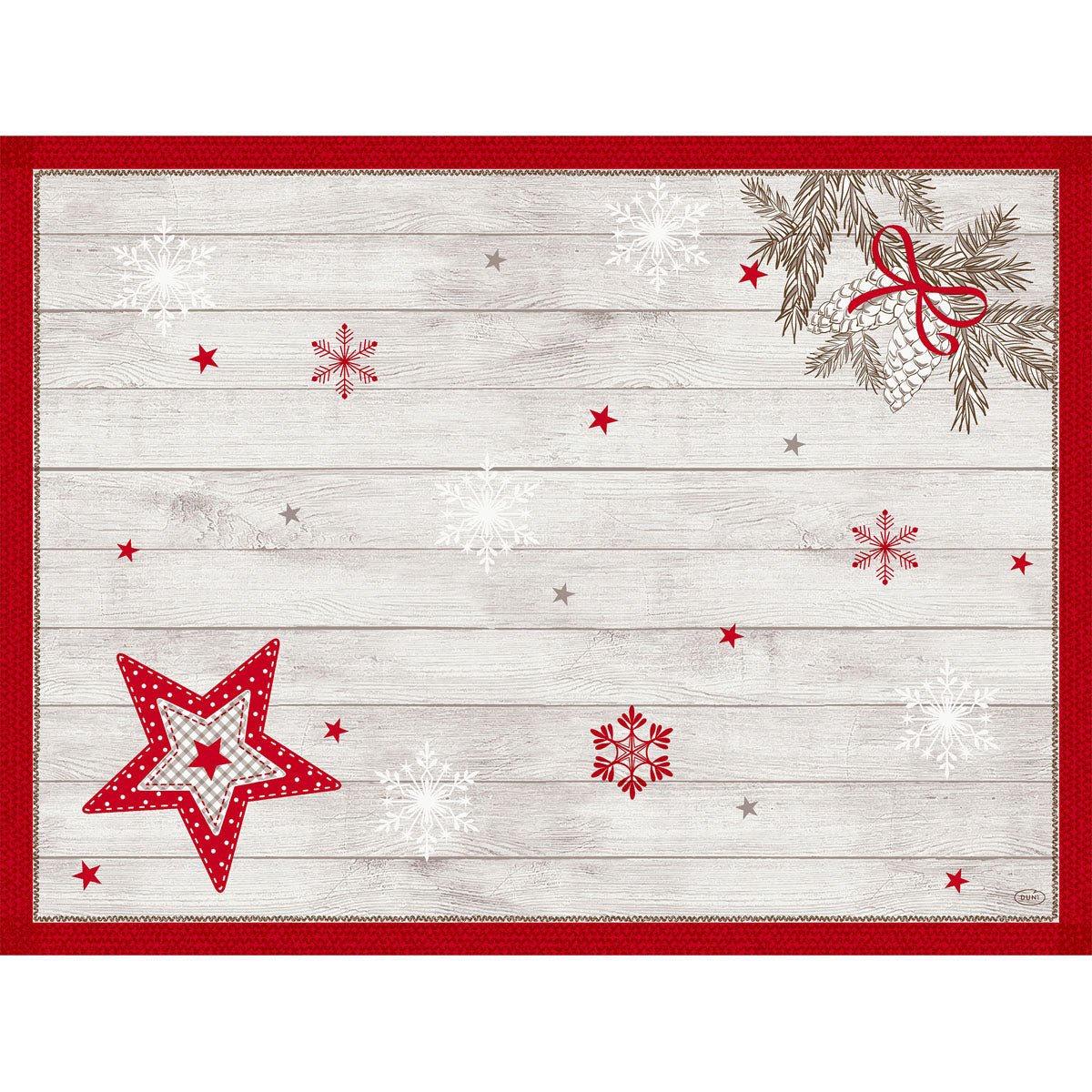 Setul Dunicel 30x40 de la Duni GmbH este un set de masă de unică folosință dreptunghiular cu aspect de lemn alb, cu stele roșii și albe, fulgi de zăpadă, conuri de pin cu fundă roșu-verde și o margine roșie ca accent.
