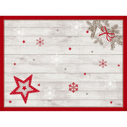 Setul Dunicel 30x40 de la Duni GmbH este un set de masă de unică folosință dreptunghiular cu aspect de lemn alb, cu stele roșii și albe, fulgi de zăpadă, conuri de pin cu fundă roșu-verde și o margine roșie ca accent.