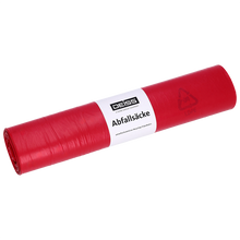 Eine Rolle EMIL DEISS KG (GmbH + Co.) DEISS 21011 Müllsäcke, 700x1100 mm, Typ 60, rot (25 Stück), mit weißem "DEISS Abfallsäcke"-Etikett und Recycling/LDPE-Symbolen. Ideal für den Oberflächenschutz. Abgebildet auf hellem Hintergrund.