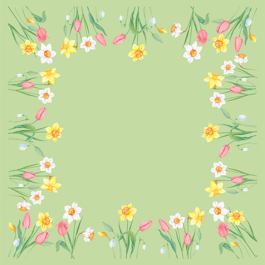 Die Dunisilk MD Spring Melody 84x84 cm Tischdecke von Duni GmbH zeigt einen hellgrünen Hintergrund mit einem Rand aus Aquarellblumen, darunter Tulpen und Narzissen - ideal für elegante Frühlings-Tischdeko. Packung mit 20 Stück.