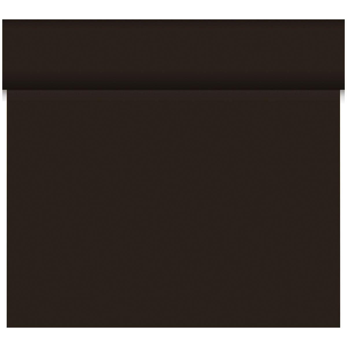 Das Duni GmbH Bio-DC-Tete a Tete 0,4x24m ist ein solides dunkelbraunes Rechteck aus biologisch abbaubarem Material, mit einem subtilen horizontalen Schatten oder einer Falte in der Nähe der oberen Kante, dargestellt auf einem weißen Hintergrund.