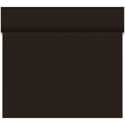 Das Duni GmbH Bio-DC-Tete a Tete 0,4x24m ist ein solides dunkelbraunes Rechteck aus biologisch abbaubarem Material, mit einem subtilen horizontalen Schatten oder einer Falte in der Nähe der oberen Kante, dargestellt auf einem weißen Hintergrund.