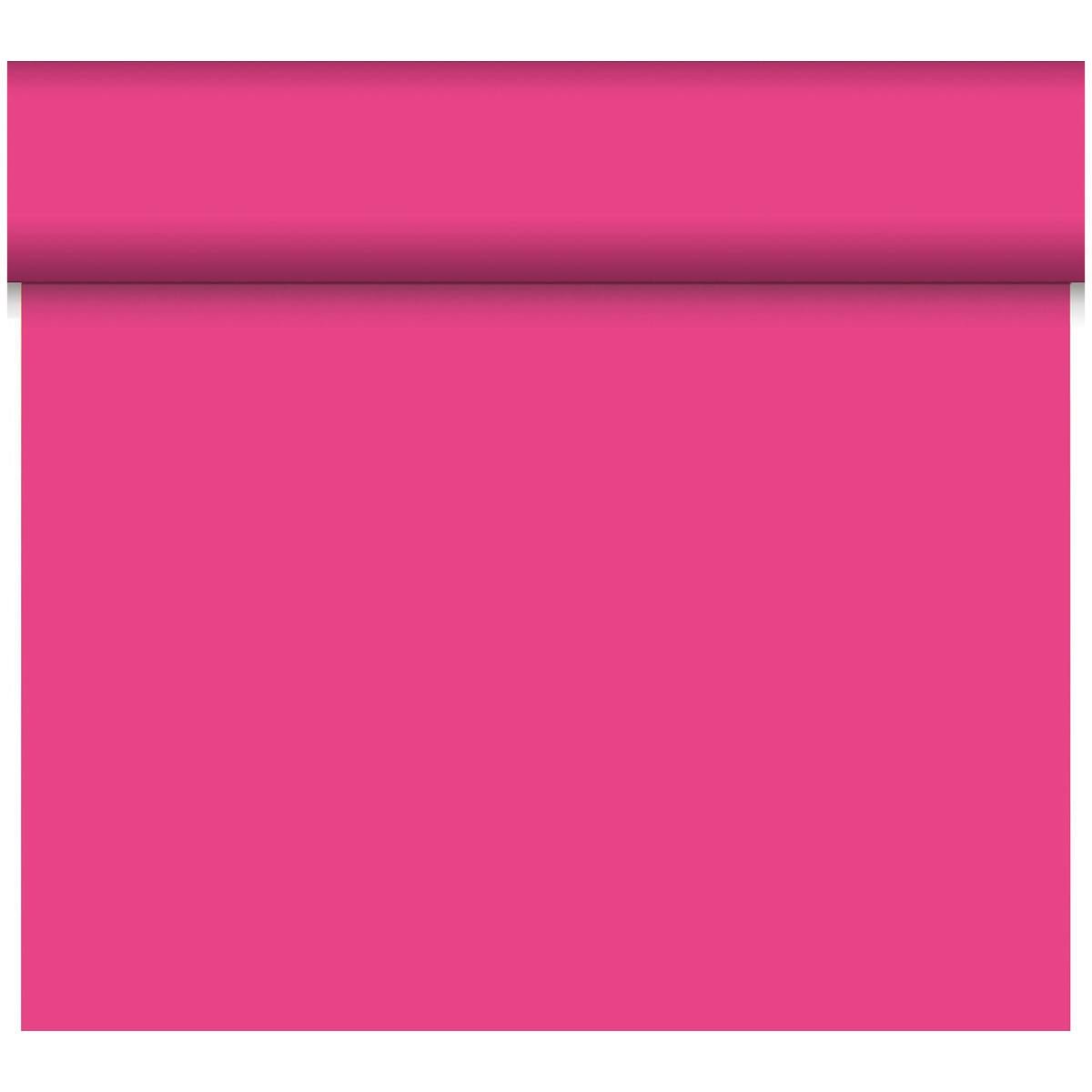 Eine teilweise abgerollte Rolle Bio-DC-Tete a Tete 0,4x24m der Duni GmbH zeigt eine glatte, matte, magentafarbene, biologisch abbaubare Oberfläche, mit einem sichtbaren Schatten unter der Rolle im oberen Teil des Bildes.