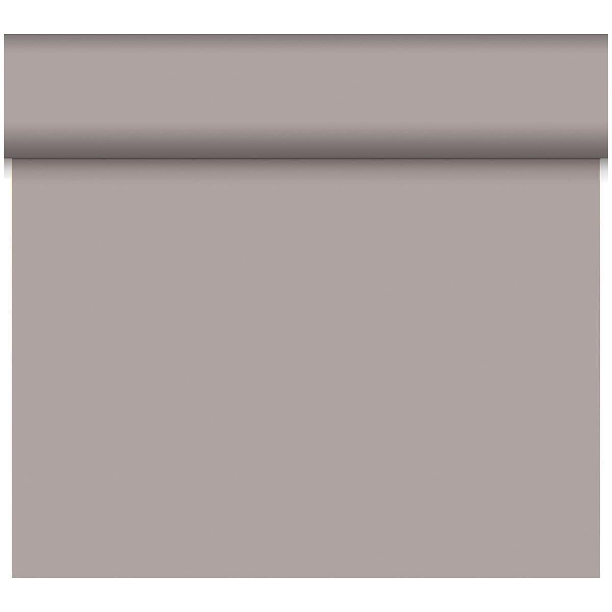 Eine teilweise abgerollte Rolle Bio-DC-Tete a Tete 0,4x24m von Duni GmbH zeigt eine glatte, hellgraue Oberfläche ohne sichtbare Muster oder Strukturen, die das einfache und minimalistische Design hervorhebt.