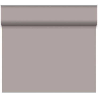 Eine teilweise abgerollte Rolle Bio-DC-Tete a Tete 0,4x24m von Duni GmbH zeigt eine glatte, hellgraue Oberfläche ohne sichtbare Muster oder Strukturen, die das einfache und minimalistische Design hervorhebt.