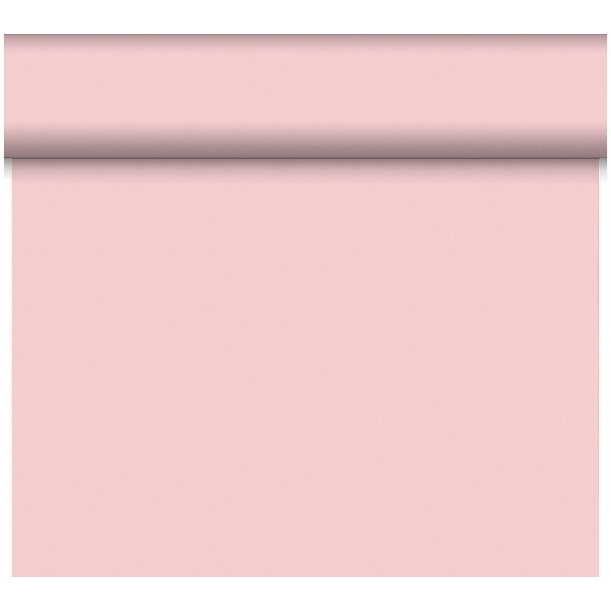 Eine Rolle Duni GmbH Bio-DC-Tete a Tete 0,4x24m hellrosa Tapete wird teilweise abgerollt, so dass ihre glatte, feste Oberfläche zum Vorschein kommt; der obere Teil bleibt gerollt, während der Rest vertikal hängt.