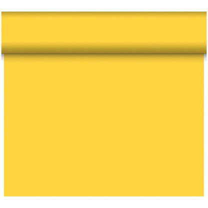 Eine teilweise ausgerollte gelbe Bio-DC-Tete a Tete 0,4x24m von Duni GmbH liegt vor einem unifarbenen Hintergrund, mit einer großen flachen Fläche in passendem Gelb aus biologisch abbaubarem Material.