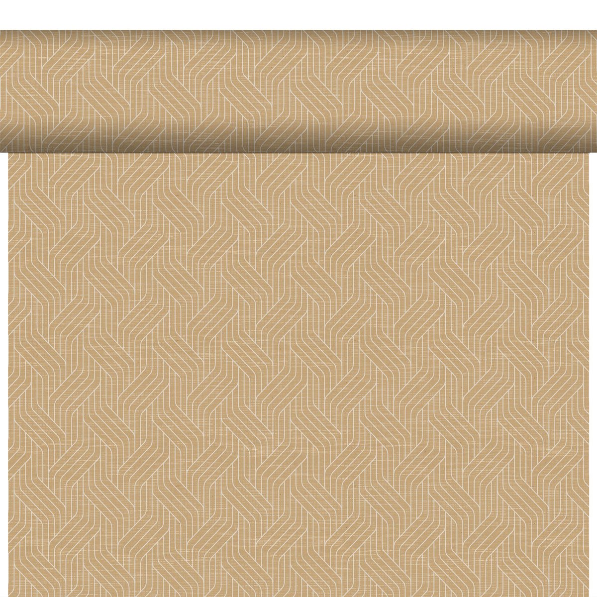 Die Bio-DC-Tete a Tete 0,4x24m von Duni GmbH ist eine biologisch abbaubare, umweltfreundliche Tapete mit hellbraunem Hintergrund und sich wiederholenden geometrischen Lichtlinienmustern, die teilweise ausgerollt und vertikal angebracht wird.