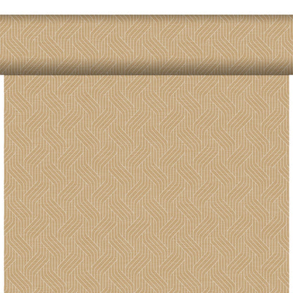 Die Bio-DC-Tete a Tete 0,4x24m von Duni GmbH ist eine biologisch abbaubare, umweltfreundliche Tapete mit hellbraunem Hintergrund und sich wiederholenden geometrischen Lichtlinienmustern, die teilweise ausgerollt und vertikal angebracht wird.