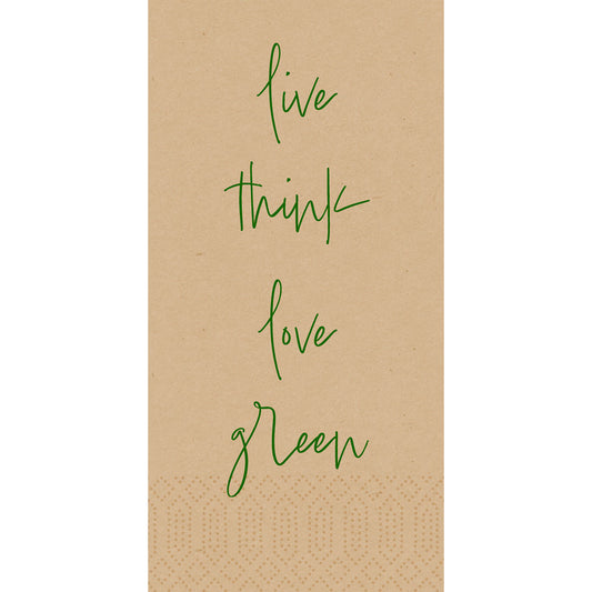Die Duni GmbH Zell.-Serv.40x40 3lg 1/8 Love green natural Papierservietten (250 Stück) haben einen braunen strukturierten Hintergrund mit "live think love green" in grüner Schreibschrift - eine ideale Inspiration für umweltfreundliche Servietten.