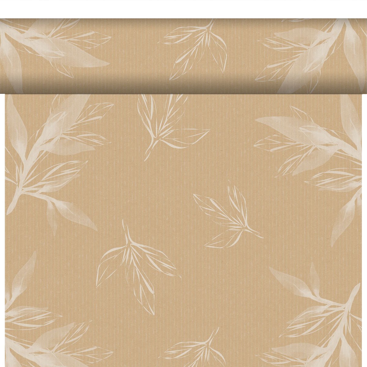 Die Bio-DC-Tete a Tete 0,4x24m von Duni GmbH ist eine hellbraune, umweltfreundliche Tapete mit einem subtilen vertikalen Nadelstreifen und weißen, skizzenhaften, botanischen Blattmustern.