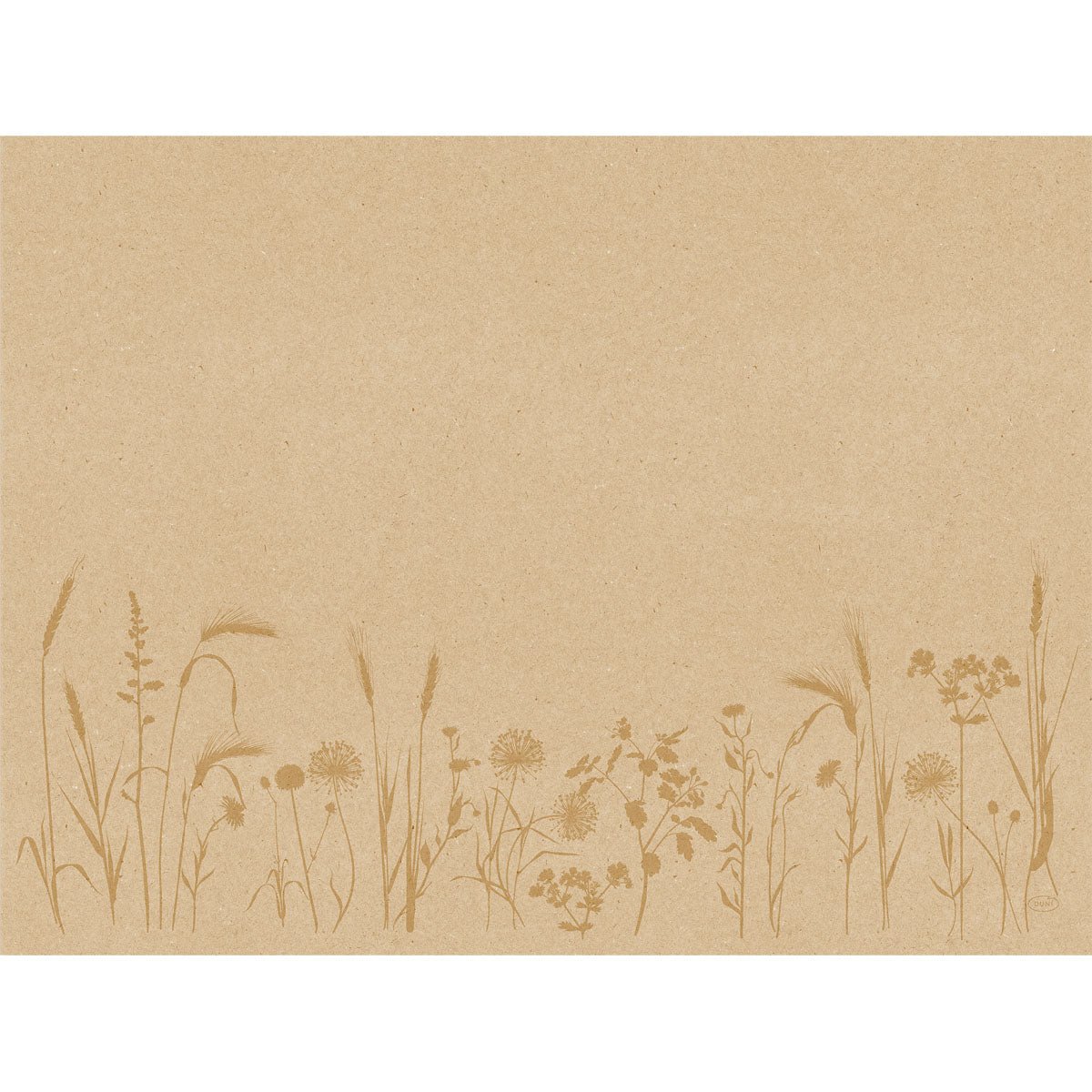 Seturi de masă din hârtie Meadow natural 30x40 cm de la Duni GmbH: hârtie maro cu flori sălbatice delicate, de culoare maro deschis, pe marginea de jos. Ideal pentru decorarea stilată a mesei, pachet cu 250 de bucăți din hârtie reciclată.