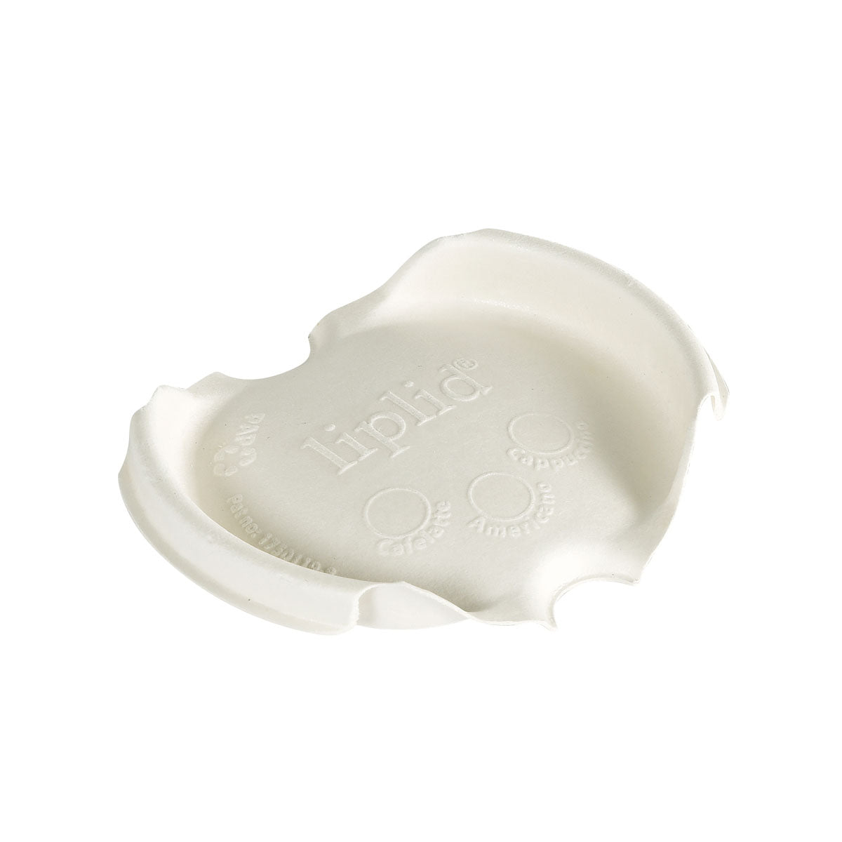 Capacul LipLid pentru pahare de 180/240ml de la Duni GmbH (pachet de 50 bucăți) este un capac alb, rotund, etanș pentru pahare, cu trei orificii pentru băut și text embosat. Afișat pe un fundal alb.