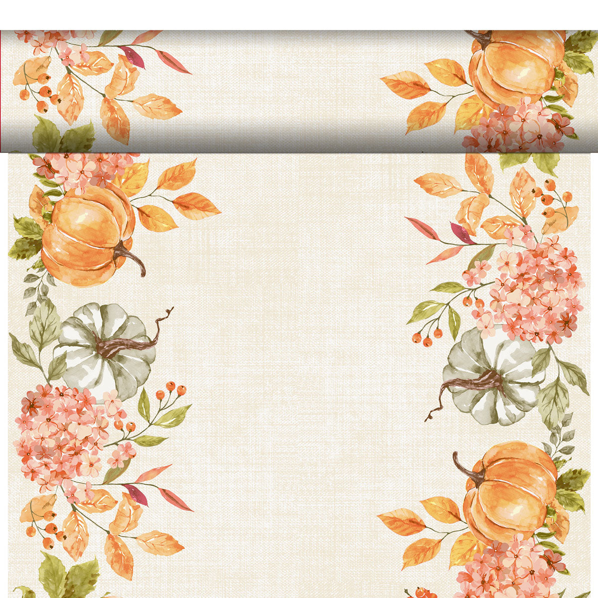 Ein beiger Hintergrund mit einer Umrandung aus Aquarellkürbissen, Hortensien, Beeren und Herbstblättern - ideal für einen umweltfreundlichen Bio-Dunicel Tete-a-Tete Tischläufer 0,4x24m von Duni GmbH.