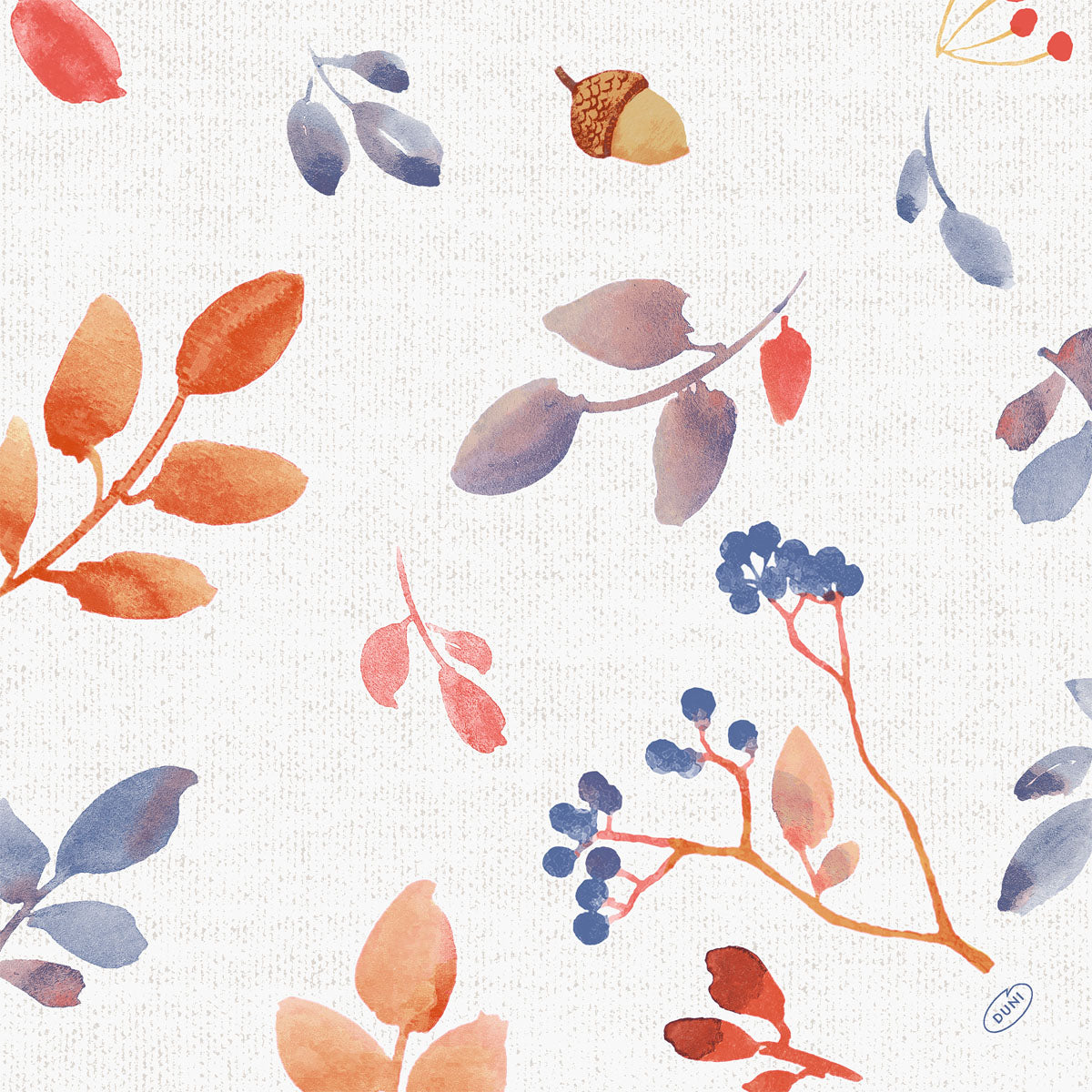 Duni GmbH Servietten 40x40 4-lagig Klassik Autumn Gradient, Packung mit 50 Stück. Aquarell-Motiv aus orange-roten Blättern, Beeren und Eicheln auf weißem Hintergrund mit herbstlichem Farbverlauf. Ideal für festliche Anlässe.