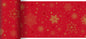Der Bio-DC Tischläufer 0,15x20m Stargazing für Festlichkeiten von Duni GmbH ist ein umweltfreundlicher roter Tischläufer, der mit goldenen und hellroten Sternen, Schneeflocken und verstreuten goldenen Punkten in verschiedenen Größen und Ausführungen verziert ist.