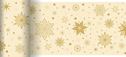 Der Bio-DC Tischläufer 0,15x20m Stargazing von Duni GmbH ist ein umweltfreundlicher, biologisch abbaubarer Tischläufer in Beige mit goldenen Schneeflocken, Sternen und Punkten - perfekt für festliche, nachhaltige Feiern.