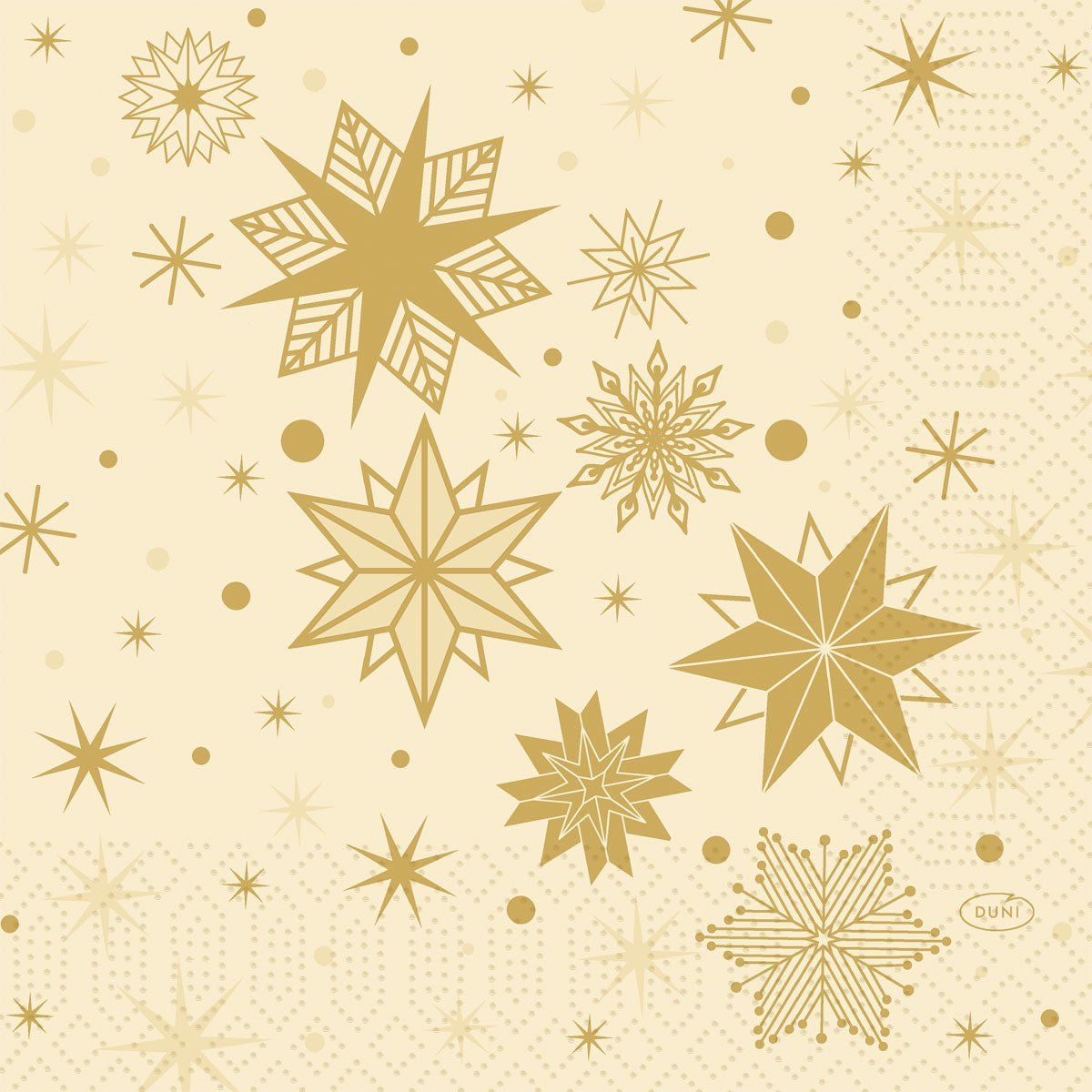 Aduceți eleganță fiecărei sărbători cu șervețelele Duni GmbH 33x33 3 straturi 1/4 Stargazing Cream (pachet de 250 bucăți): Cu fundalul lor bej și formele geometrice de stele aurii, aceste șervețele oferă mesei dumneavoastră un decor festiv decorativ.