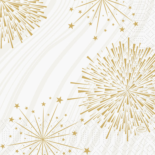 Goldene Feuerwerkskörper und Starbursts funkeln auf diesen Duni GmbH Servietten 33x33 3-lagig und verleihen jeder Veranstaltung ein festliches Flair. Die Sparkly white 1/4-fold Servietten (Packung: 50 Stück) sind perfekt für stilvolle Feiern.