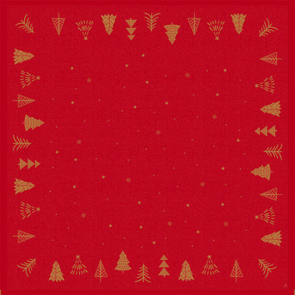 Die Dunisilk(Plus)-Mitteldecke 84x84 der Duni GmbH mit rotem Hintergrund, goldenem Rand und stilisierten Bäumen zeigt kleine goldene Sterne und Punkte in einem symmetrischen Muster - perfekt für eine festliche, wasserabweisende Tischdekoration.