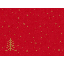 Papier-Tischsets 30x40cm Shimmer Trees von Duni GmbH: Rotes Design mit dezentem Muster, goldenem Weihnachtsbaum unten links, Goldsterne und Schneeflocken - ideal für festliche Tischdekoration. Packung mit 250 Stück.