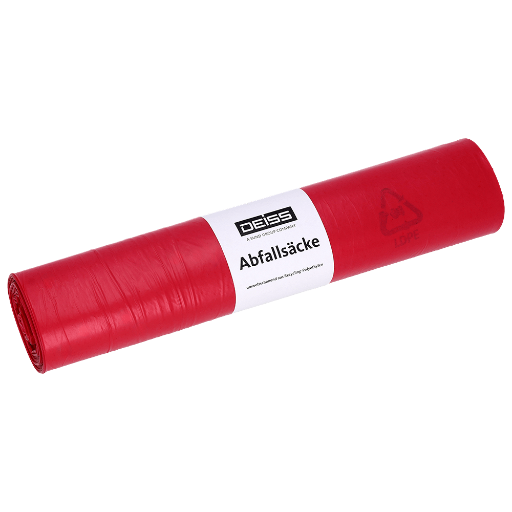 În imagine este un rolă DEISS 21705 Tip 100 saci de gunoi roșii (25 de saci, 575x1000 mm) de la EMIL DEISS KG (GmbH + Co.) pe un fundal alb - ideal pentru eliminarea deșeurilor comerciale.