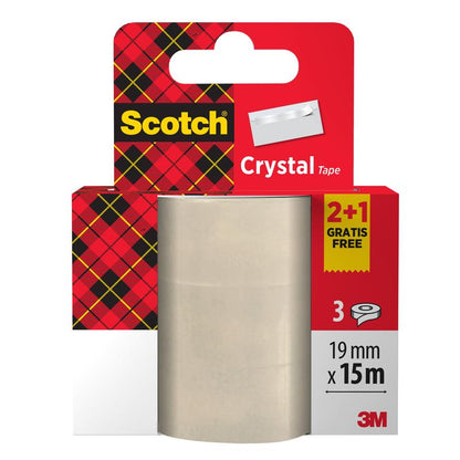 Scotch® Crystal Klebeband Aktionspackung de la 3M: Trei role (19 mm x 15 m), dintre care una gratuită. Bandă adezivă transparentă pentru uz zilnic. Ambalaj cu model de carouri roșii și etichetă galbenă "2+1 GRATIS".