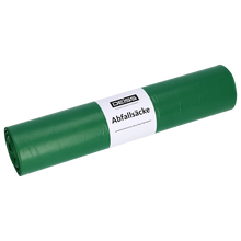 Abgebildet ist eine Rolle EMIL DEISS KG (GmbH + Co.) Abfallsäcke, DEISS 22012 - 700x1100 mm Typ 60 grün (25 Säcke), mit weißem "Abfallsäcke"-Etikett, auf weißem Hintergrund.