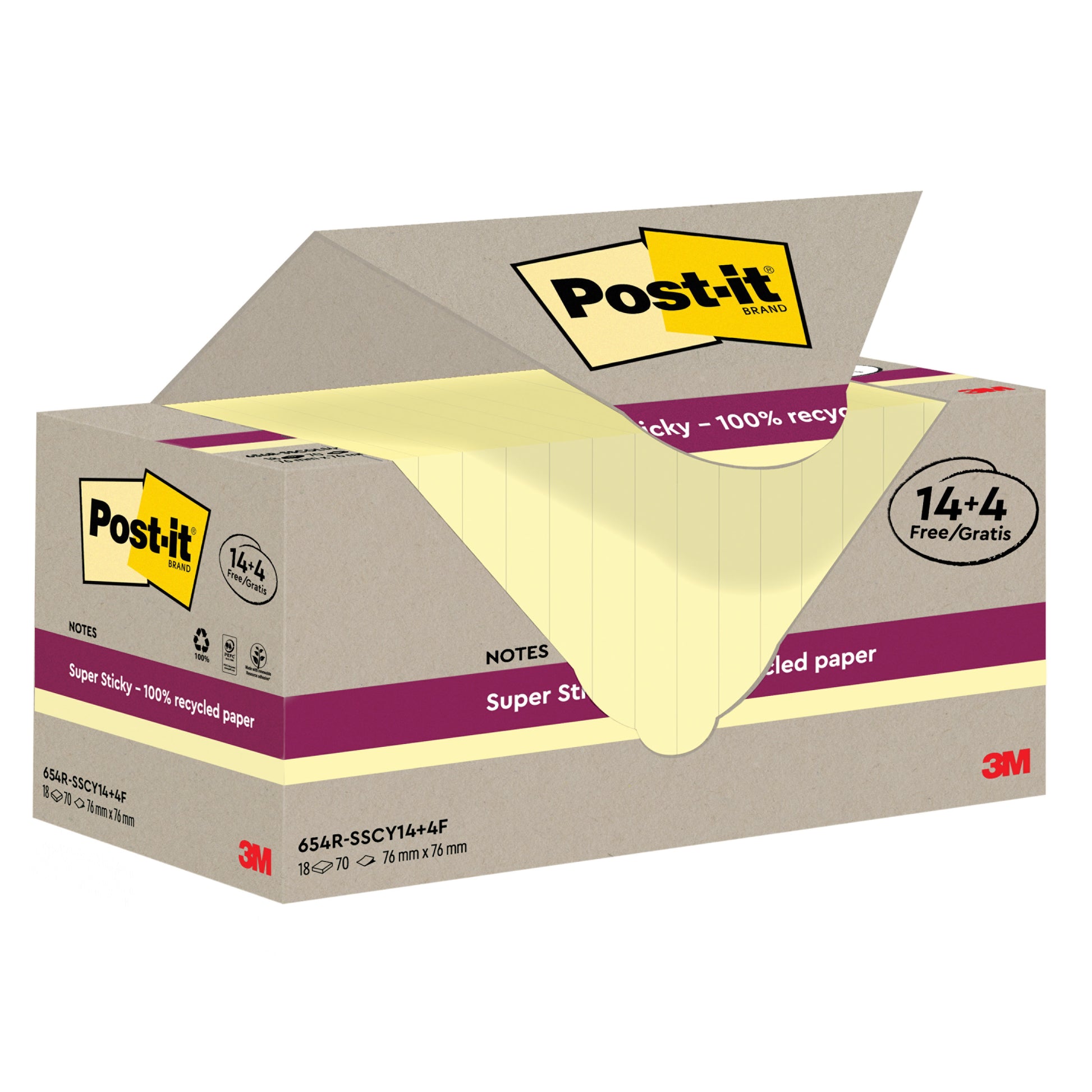Eine Schachtel Post-it® Super Sticky 100% Recycling Notes der 3M Deutschland GmbH enthält 18 Blöcke (76x76 mm, je 70 Blatt) mit einem 14+4 Gratis-Angebot. Hergestellt aus PEFC-zertifiziertem Recyclingpapier. Die Box zeigt gelbe Zettel im Inneren.