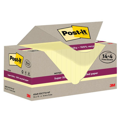 O cutie de Post-it® Super Sticky 100% Notes de reciclare de la 3M Deutschland GmbH conține 18 blocuri (76x76 mm, fiecare cu 70 de foi) cu o ofertă de 14+4 gratuit. Fabricat din hârtie reciclată certificată PEFC. Cutia arată bilețele galbene în interior.