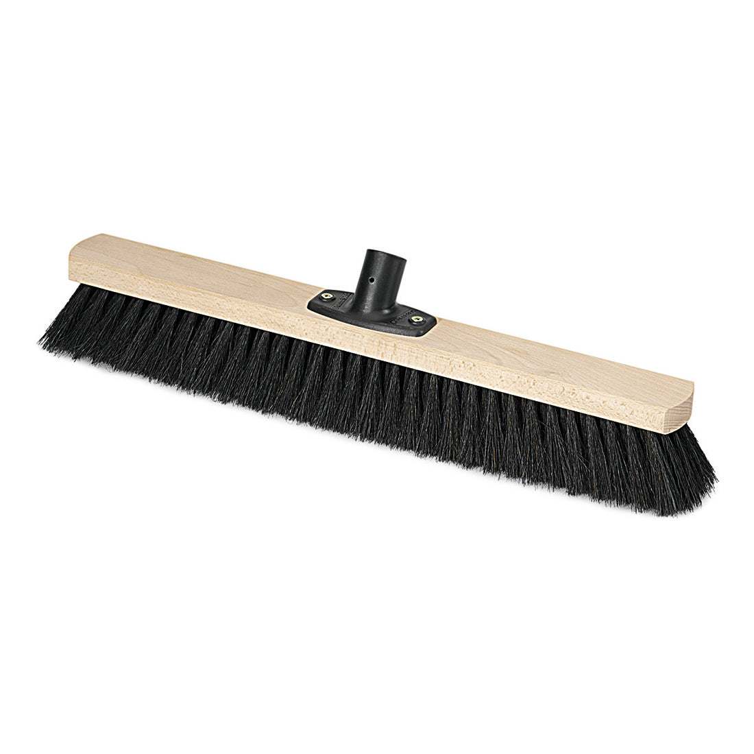 Der Nölle Profi Brush Power Stick Saalbesen Naturhaar von Nölle Profi Brush Bürsten- & Pinseltechnik e.K. hat einen Holzblock, schwarze Naturborsten und einen schwarzen Kunststoffsockel - ideal für die professionelle Reinigung. Abgebildet auf weißem Hintergrund.
